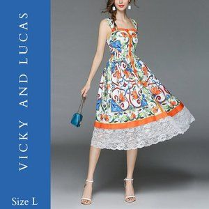 Orange & Blue Floral Button-Front A-Line Dress